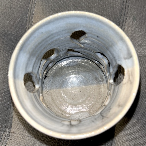 Art Pottery Cut Out Candle Holder VotiveTea Light Pedestal Blue Signed Luminary - Picture 4 of 5